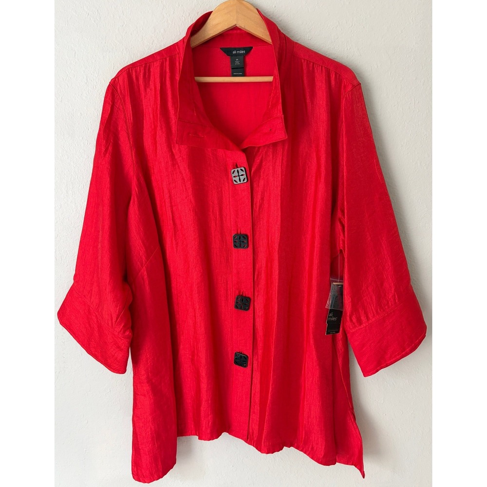NWT Ali Miles Womens Red Textured Button Front Tunic Top Size 3X Artsy Lagenlook